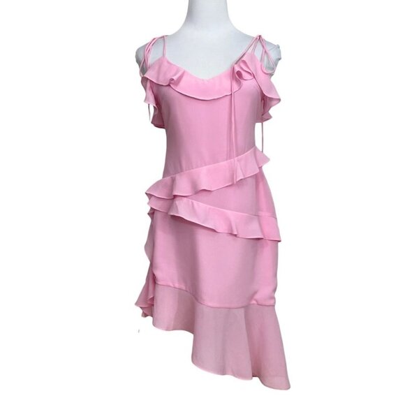 ADEIRLINA PINK RUFFLE TIE SPAGHETTI STRAPS ASYMMETRICAL MINI DRESS - XS - Picture 3 of 11